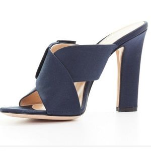 GIANVITO ROSSI Obi navy blue satin bow open toe mule high heel